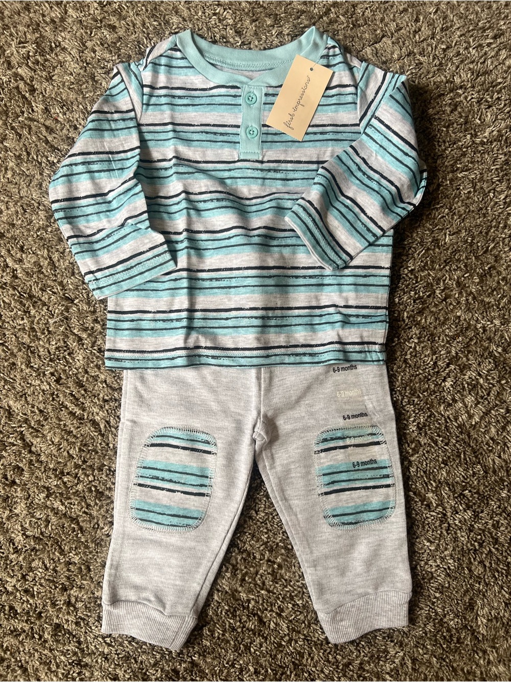 First Impressions Aqua & Gray Striped Baby Pajama Set